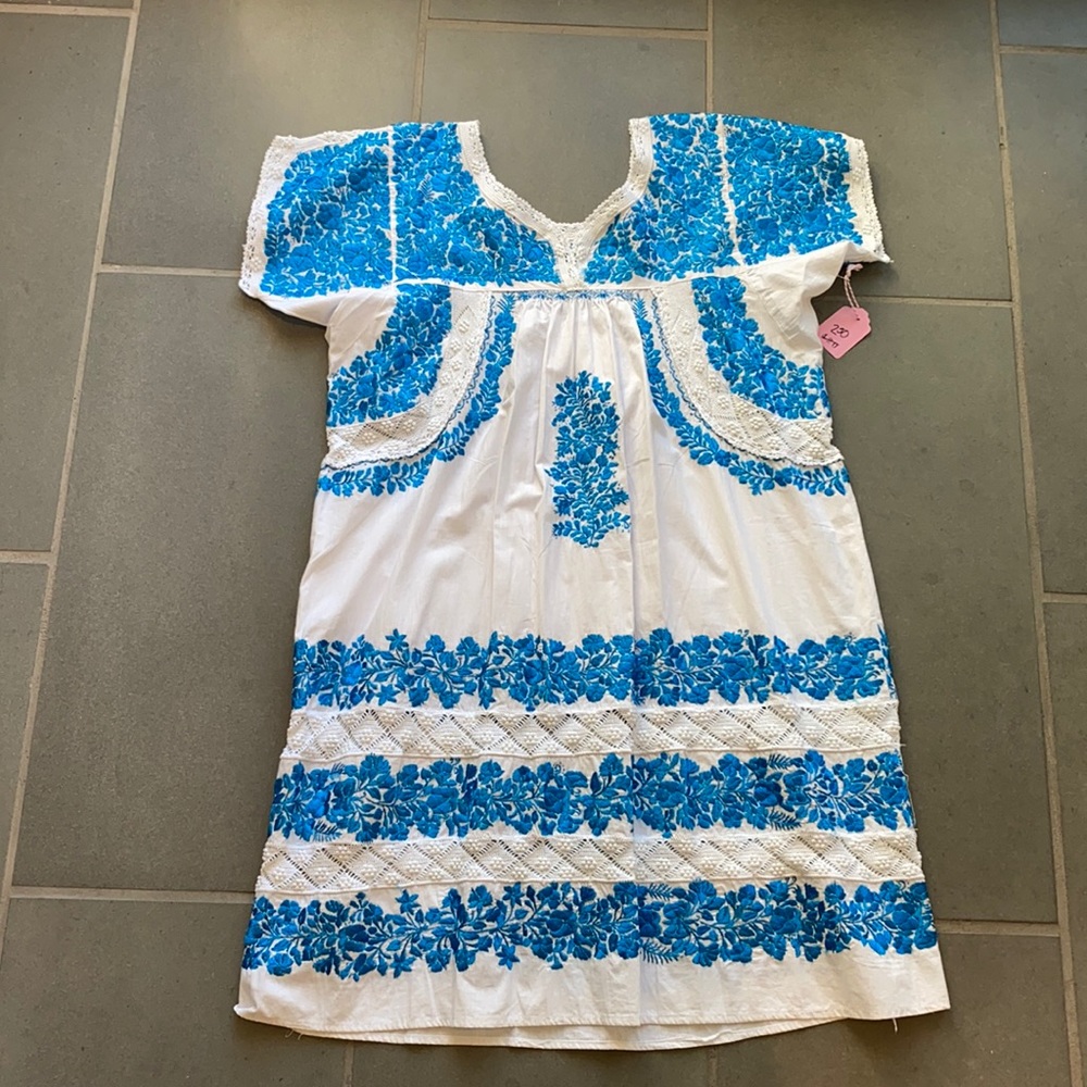 Embroidered Mexican Dress, White and Turquoise